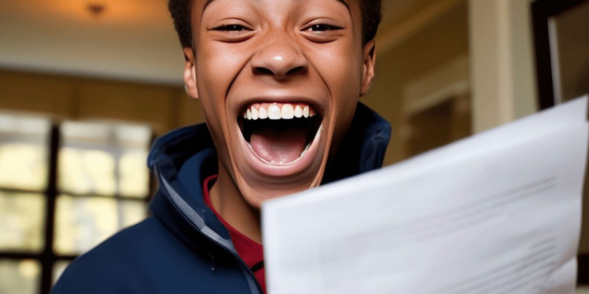 ecstatic teenager reading college acceptance letter