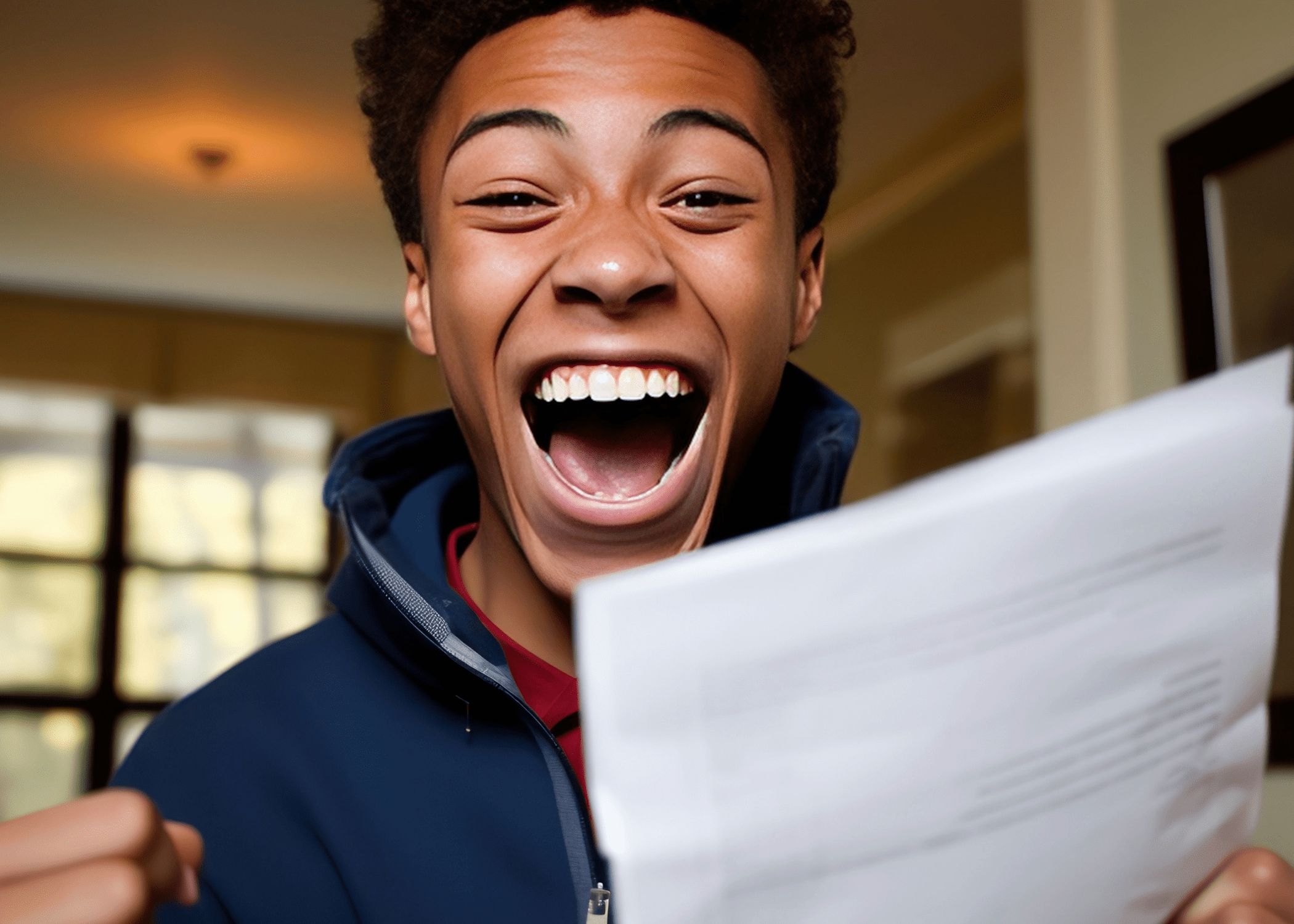 ecstatic teenager reading college acceptance letter