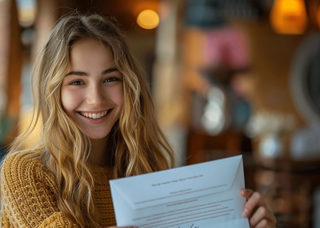 Young woman reading college acceptance letter